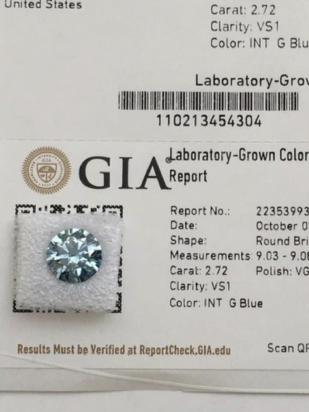 GIA Lab Grown Round Brilliant Cut 2.72 CT Fancy Intense Green Blue Diamond VS1